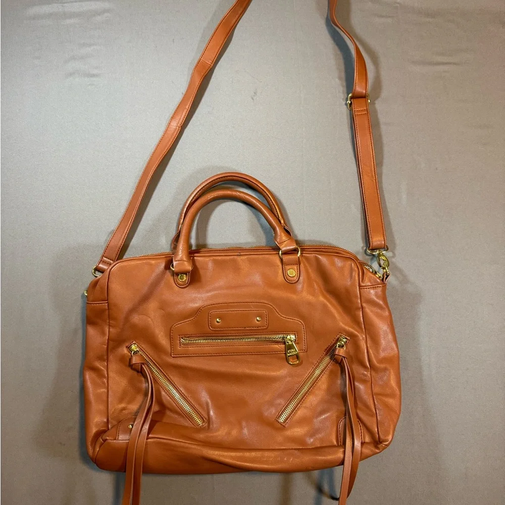 Steve Madden Cognac Leather Laptop Satchel with Crossbody Strap